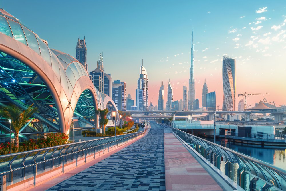 Dubai skywalk with Burj Khalifa at dusk