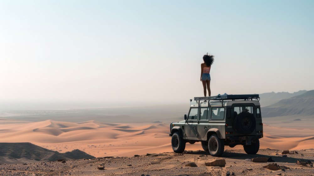 Traveller overlooking desert dunes beside a 4x4